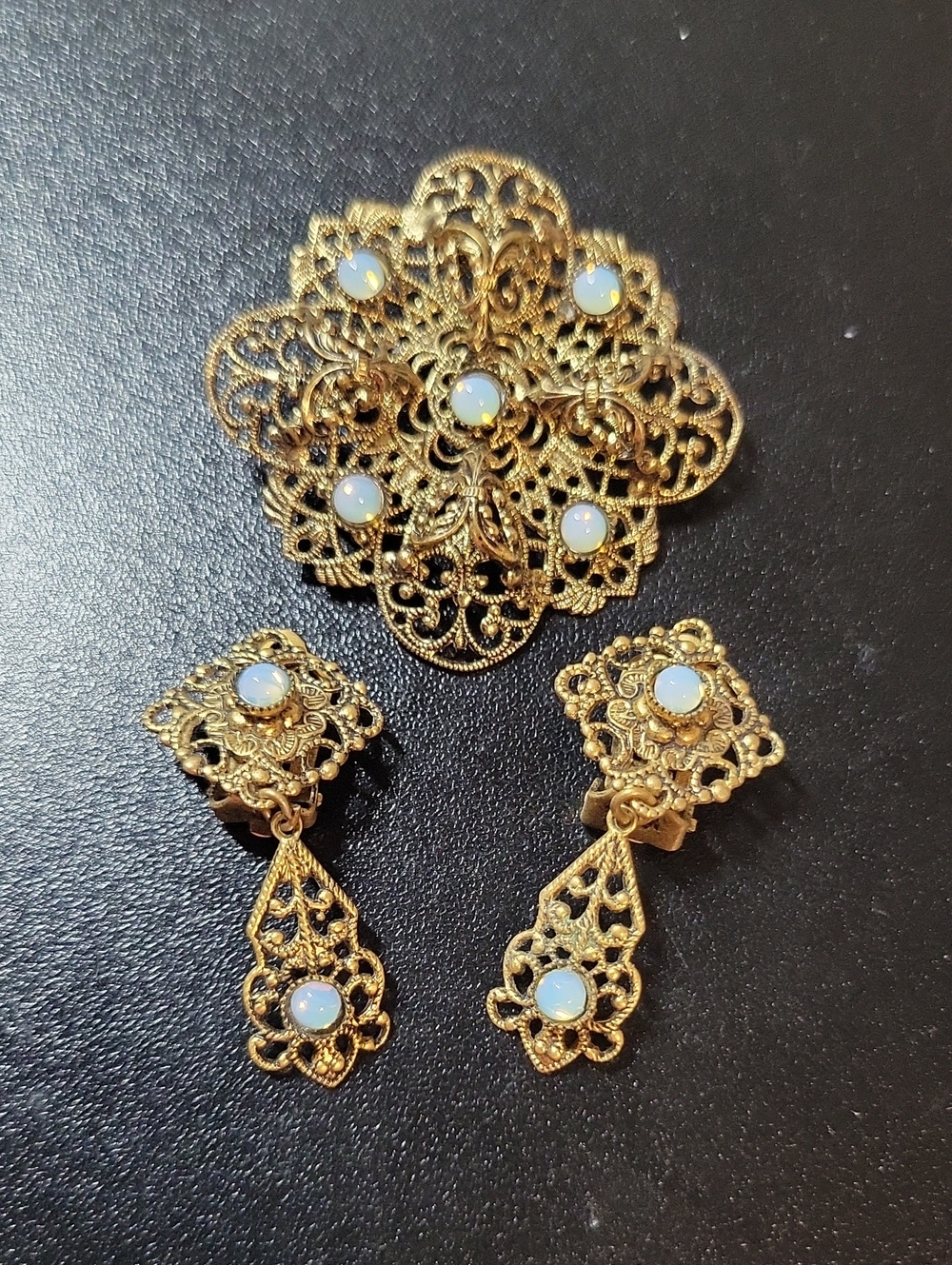 Gold Tone Filigree Opal Accent Brooch and Drop Earrings Set